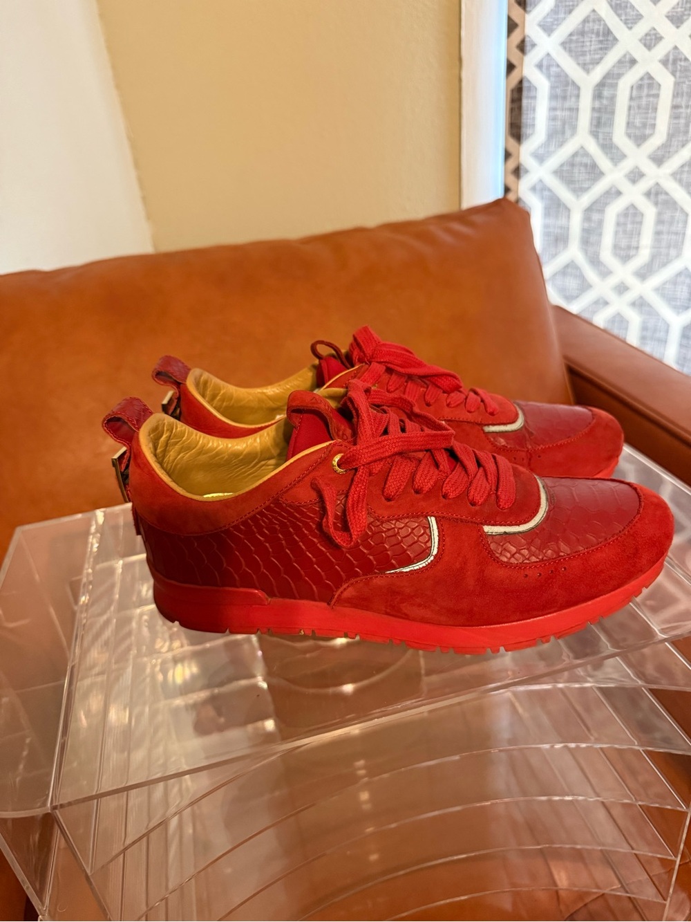 Android Homme Red Textured Leather & Suede Sneakers